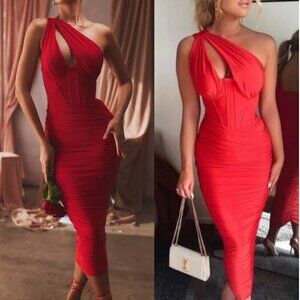 HOUSE OF CB Valentina Asymmetric Cutout One-Shoulder Midi Dress Scarlet X-Small
